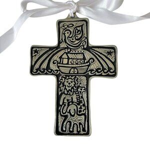 Vtg Handmade Metal Cross Child Baby‎ Noahs Ark Bird Lion Artisan Gift 5" Wall